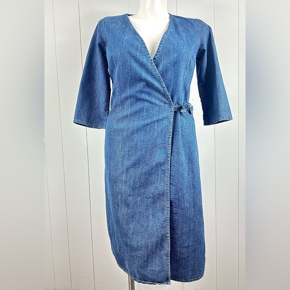 VTG The Territory Ahead Sz 10 Women’s Wrap Denim Midi Dress 3/4 Sleeves Cotton - Picture 1 of 10
